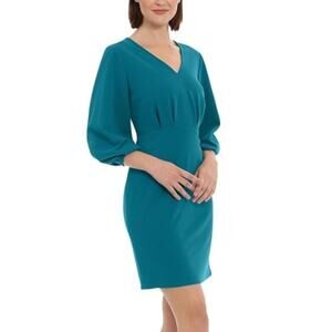 Donna Morgan Dress V-Neck 3/4 Balloon Sleeve Sheath Mini Ocean Depths Blue 10